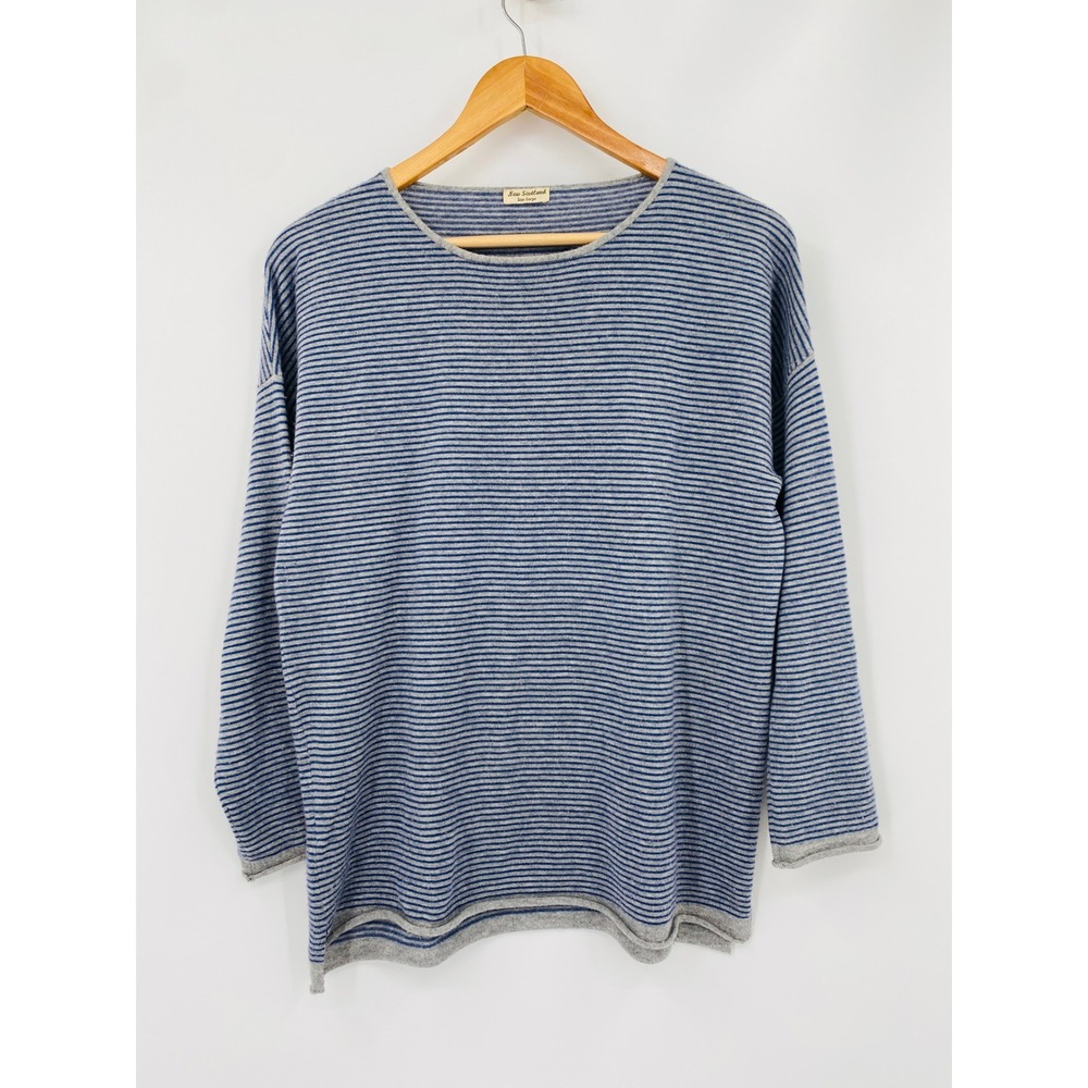 New Scotland Sweater Women Large Blue Striped Merino Wool Cashmere Crewneck